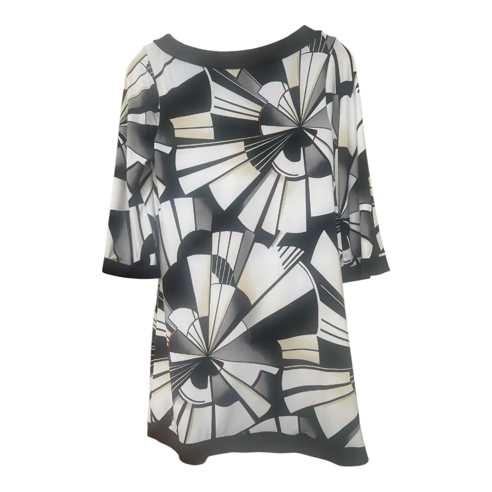 WHITE HOUSE BLACK MARKET Geo Abstract Beige Black Sexy Jersey Dress Size XS Y2K - Picture 2 of 8